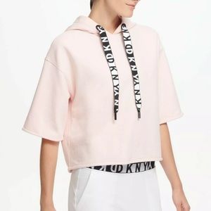 New DKNY Womens Cropped Sleeve Logo Hoodie